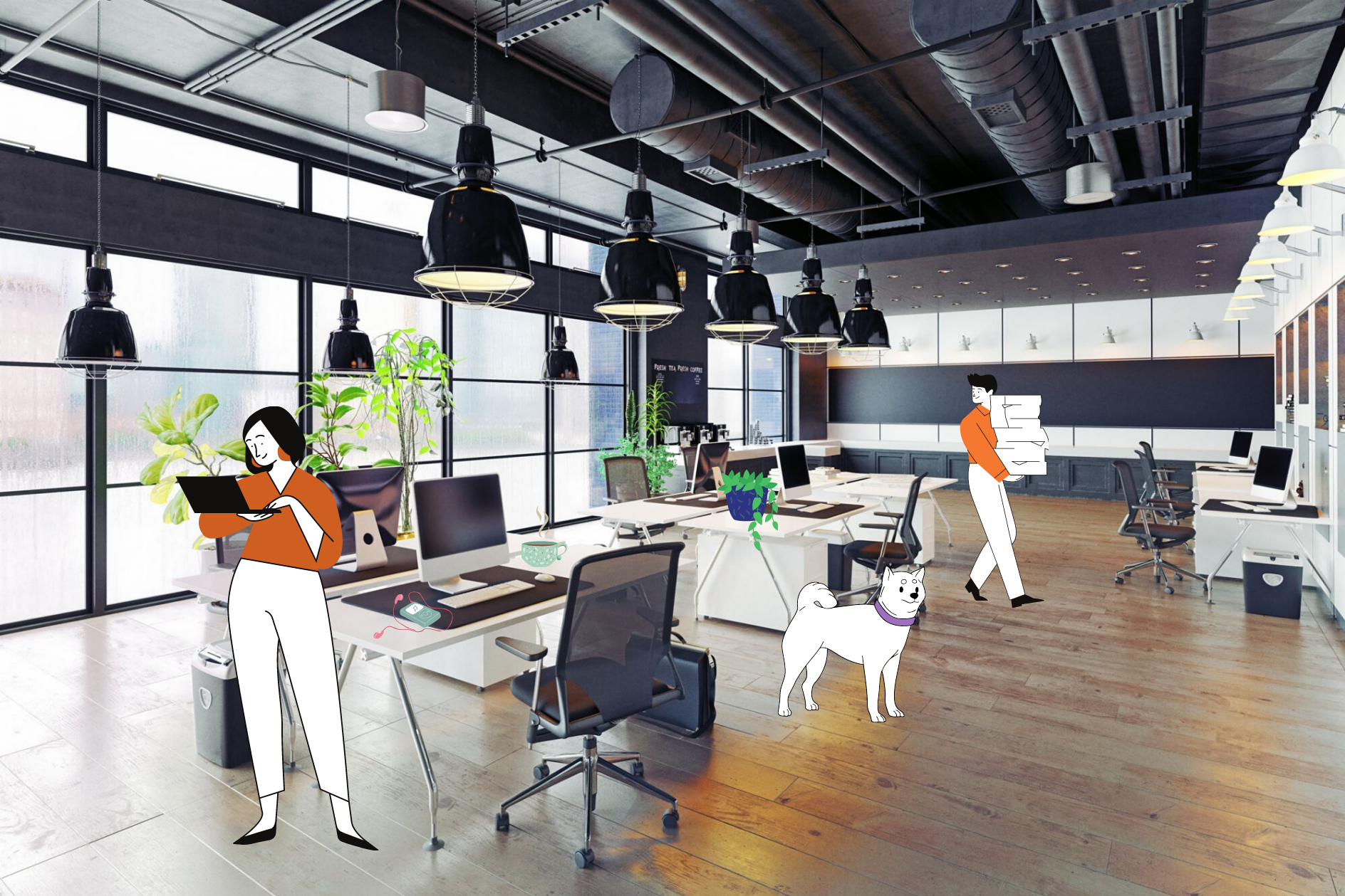 Illustrated contemporary office interior with desks and meeting space