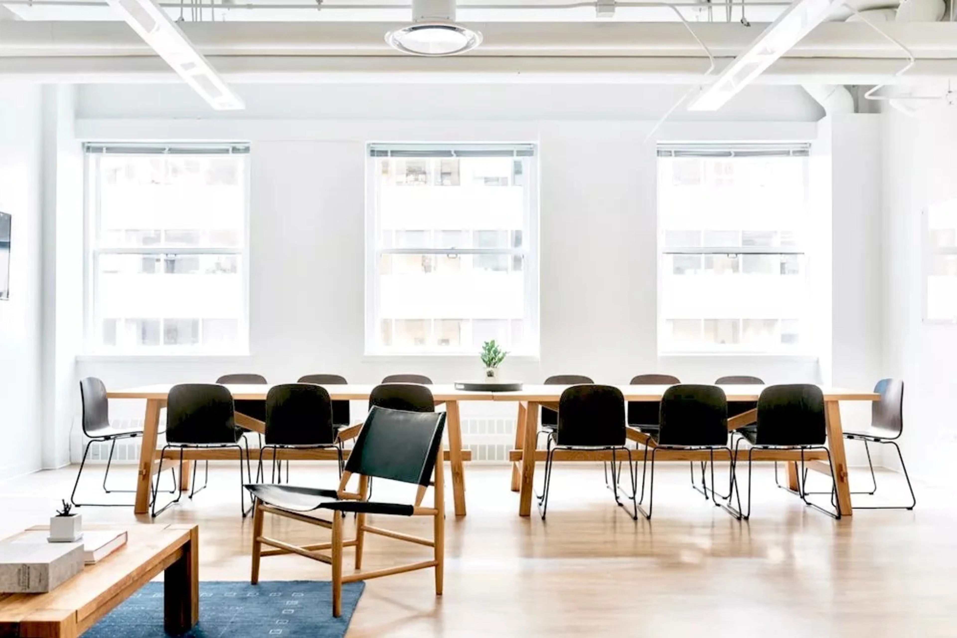 Modern private office with desks and natural light